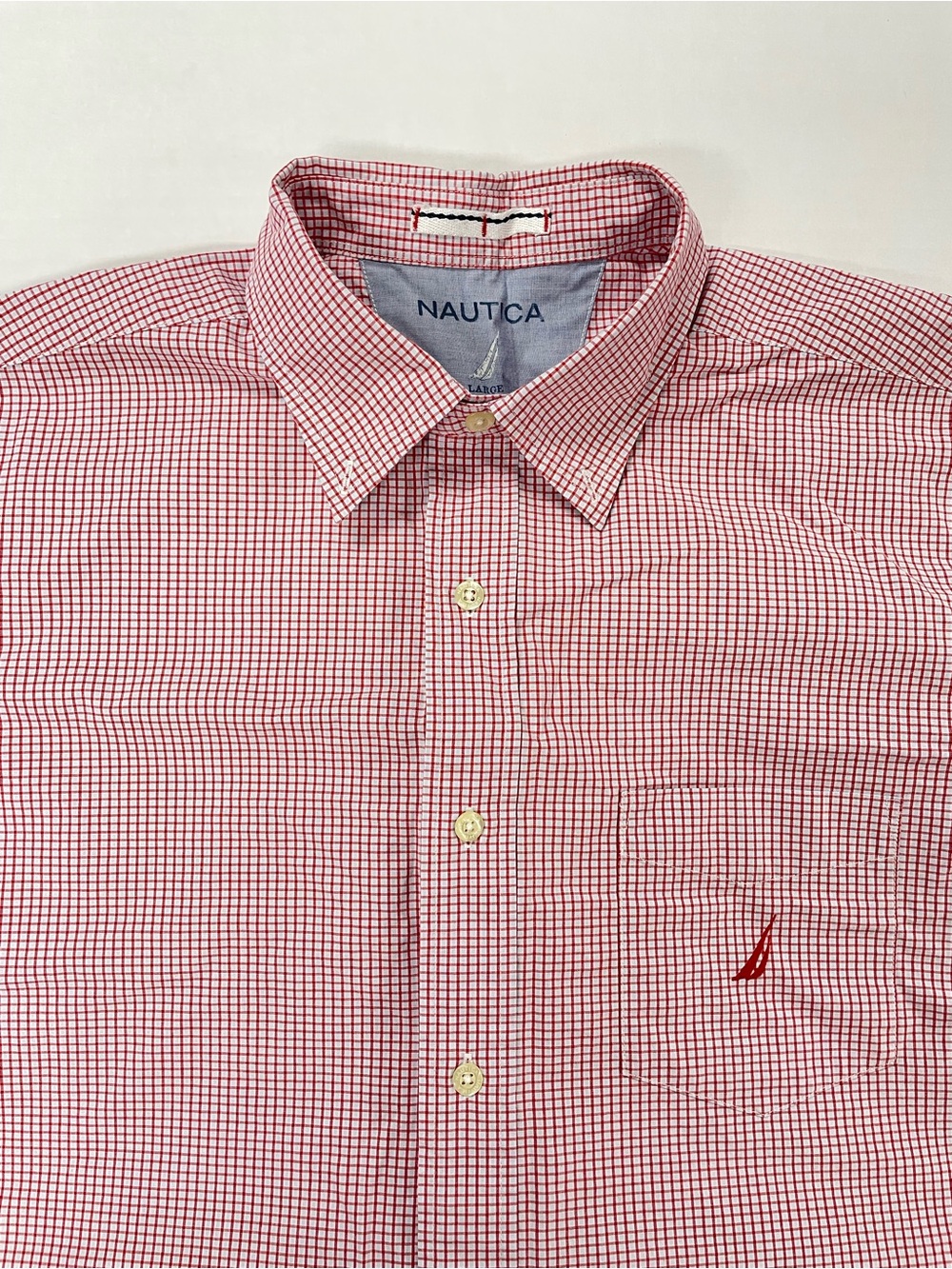 NAUTICA Cotton Button Down Short Sleeve Shirt Pocket Red White Plaid Casual USA